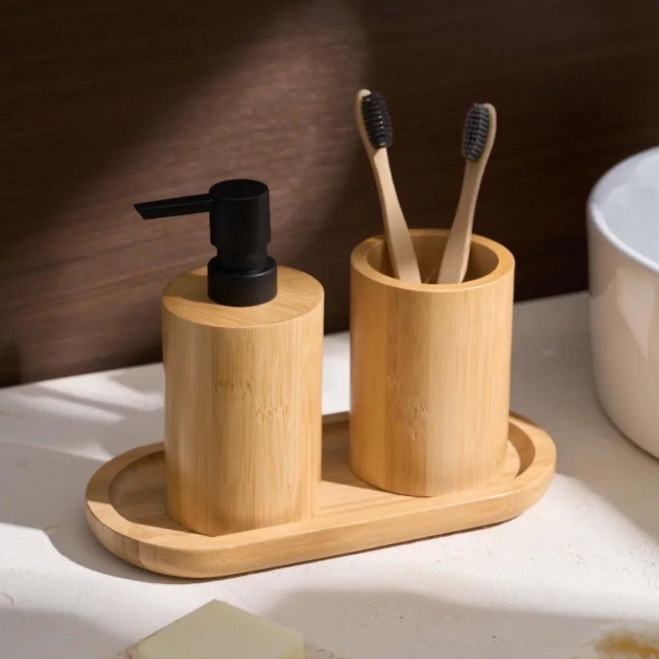 Bamboo Soap & Toothbrush Holder Set